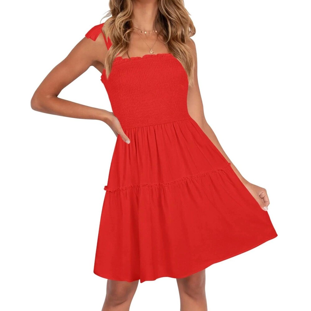Zesica NWT Smocked Self Tie Straps Ruffle Trim Tiered Swing Mini Dress S